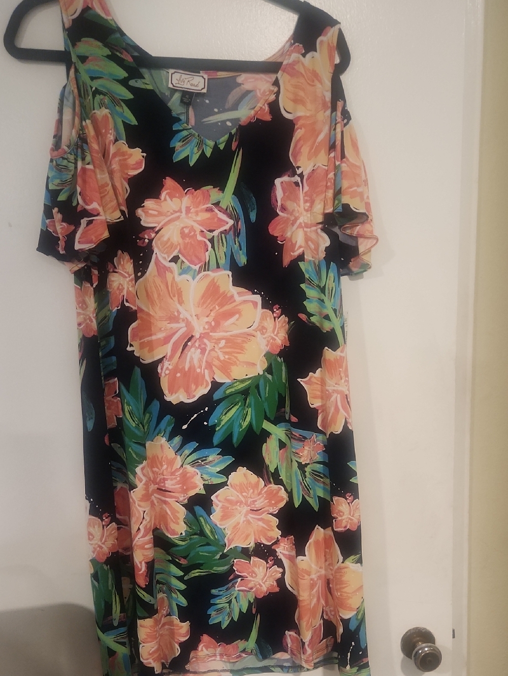 One-Shoulder Floral Dress in Black and Peach by Lilly Rose
